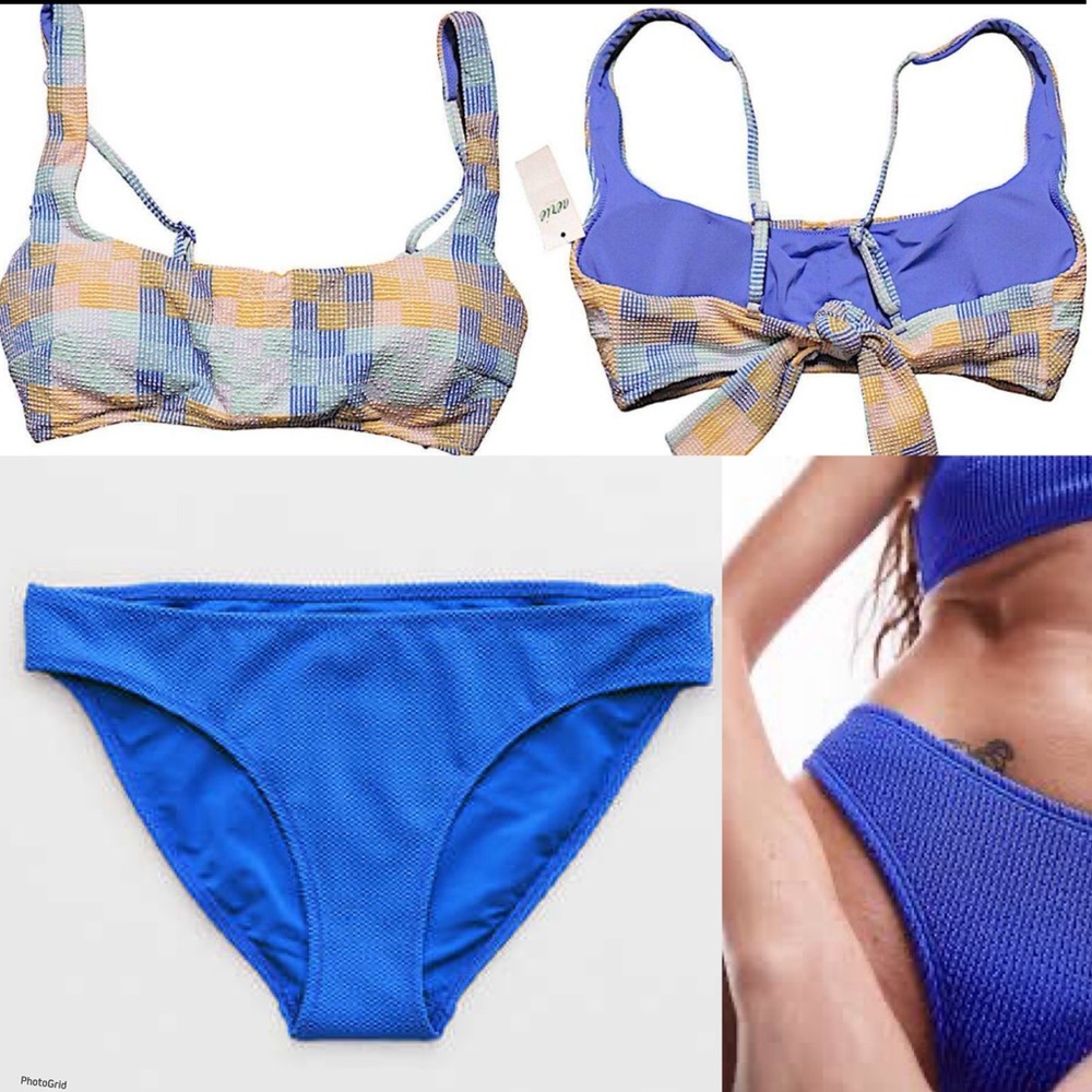 aerie Blue Multi-Pattern Textured Bikini Set